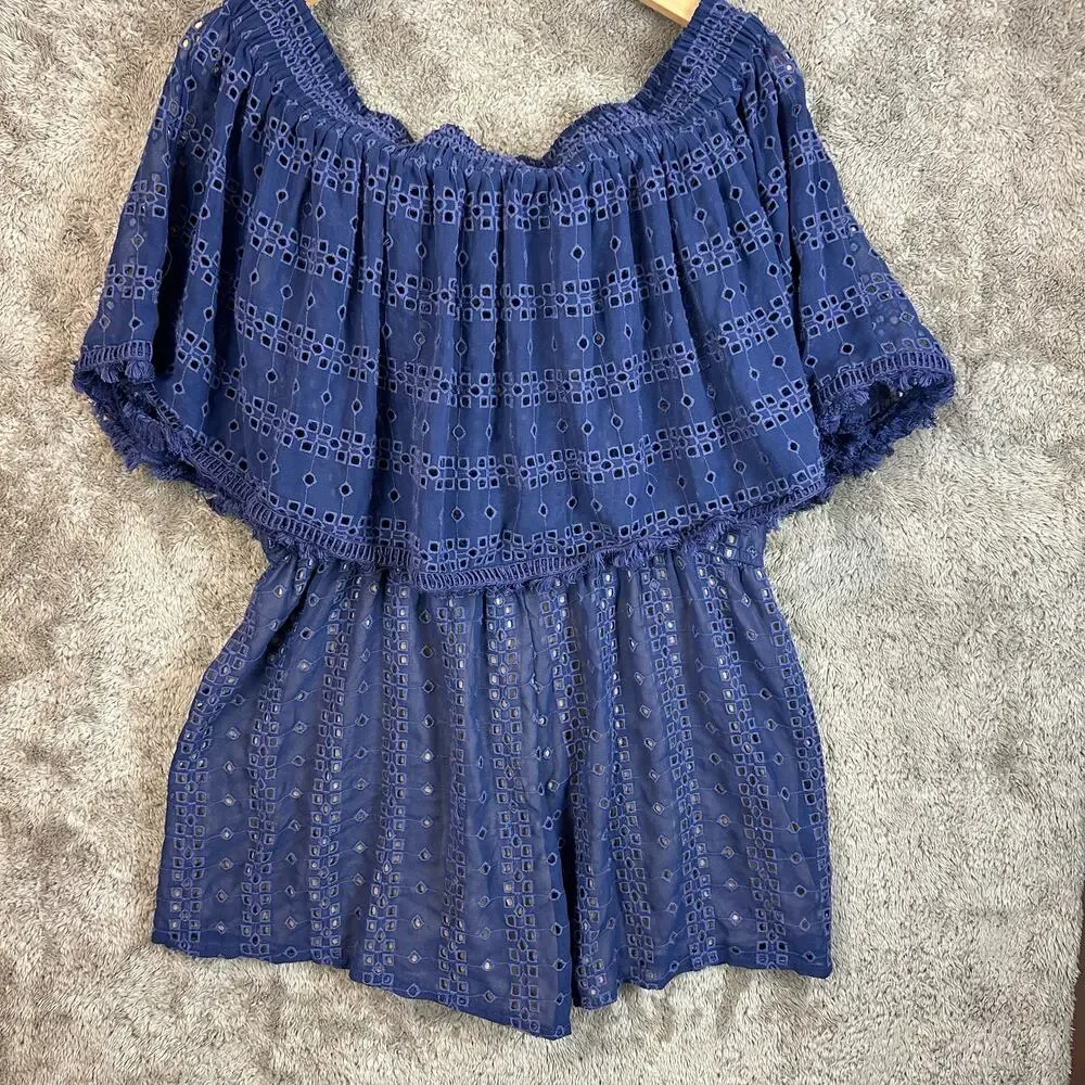 Anthropologie Ranna Gill Tiered Eyelet Off Shoulder Ruffle Romper L Large Blue